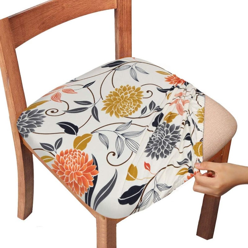 Gute Chair Seat Covers,Stretch Printed Chair Covers with Elastic Ties and Button,Removable Washable Dining Upholstered Chair Protector Seat Cushion Slipcovers for Dining Room,Office(Flower,Pack-4) - Image 1